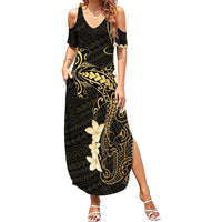 Black and Gold Hawaii Summer Maxi Dress Hammerhead Shark Tattoo Curve Polynesian - Polynesian Pride