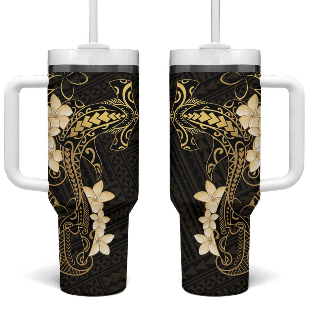 Black and Gold Hawaii Tumbler With Handle Hammerhead Shark Tattoo Curve Polynesian - Polynesian Pride
