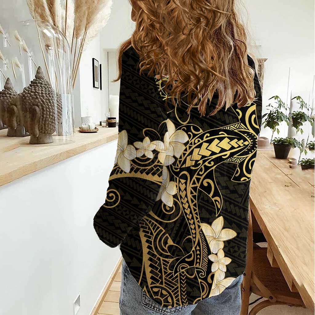 Black and Gold Hawaii Women Casual Shirt Hammerhead Shark Tattoo Curve Polynesian - Polynesian Pride