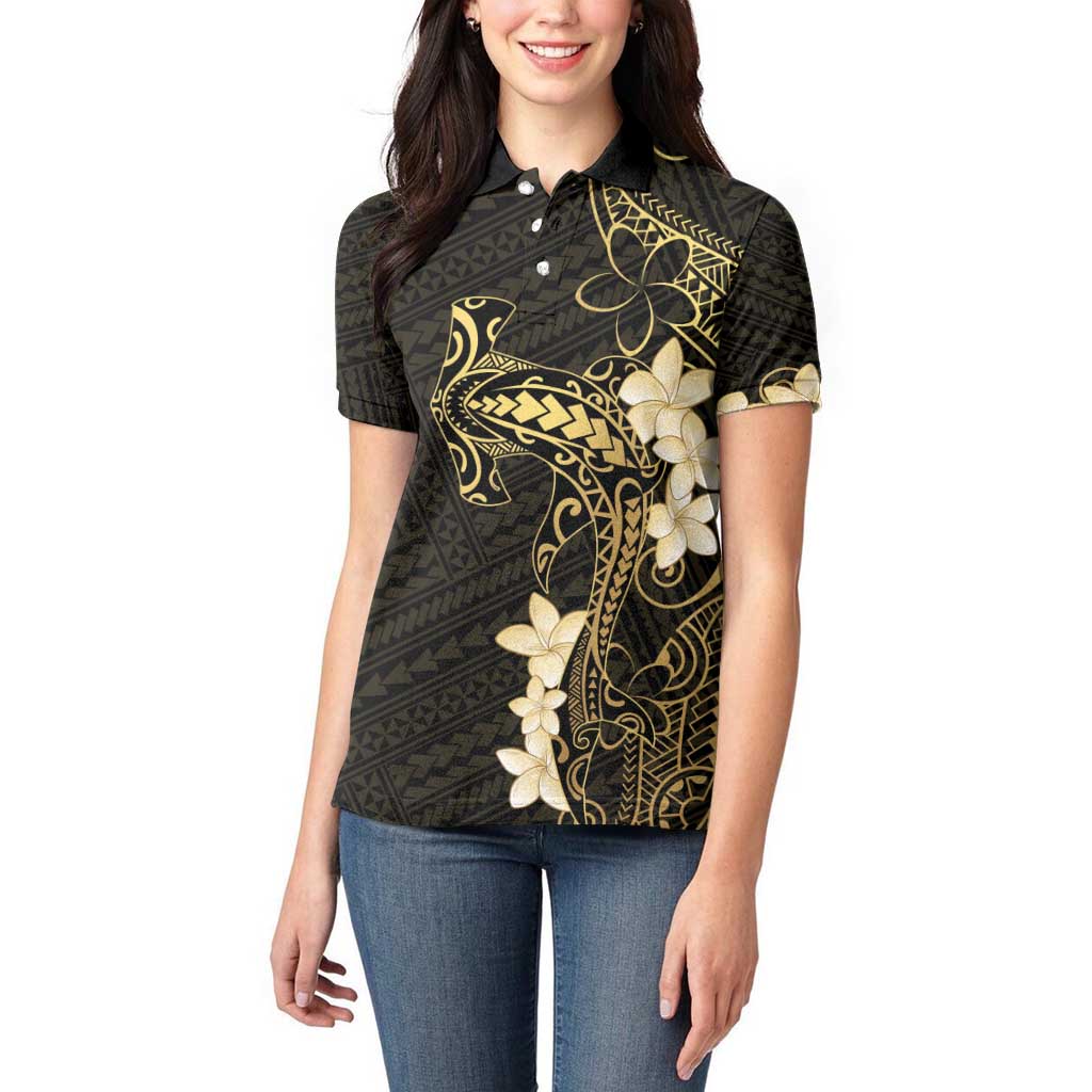 Black and Gold Hawaii Women Polo Shirt Hammerhead Shark Tattoo Curve Polynesian - Polynesian Pride