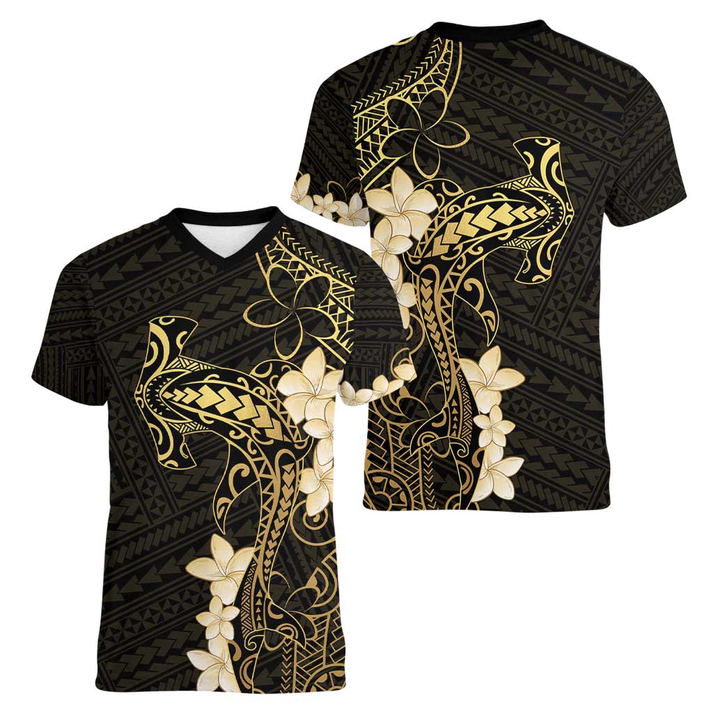 Black and Gold Hawaii Women V-Neck T-Shirt Hammerhead Shark Tattoo Curve Polynesian - Polynesian Pride
