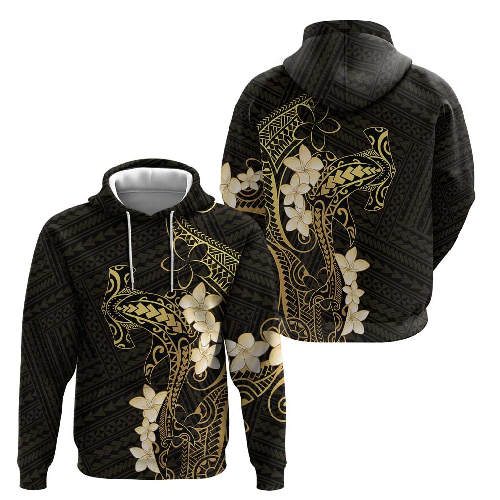 Black and Gold Hawaii Zip Hoodie Hammerhead Shark Tattoo Curve Polynesian - Polynesian Pride