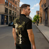 Black and Gold Hawaii Zipper Polo Shirt Hammerhead Shark Tattoo Curve Polynesian - Polynesian Pride