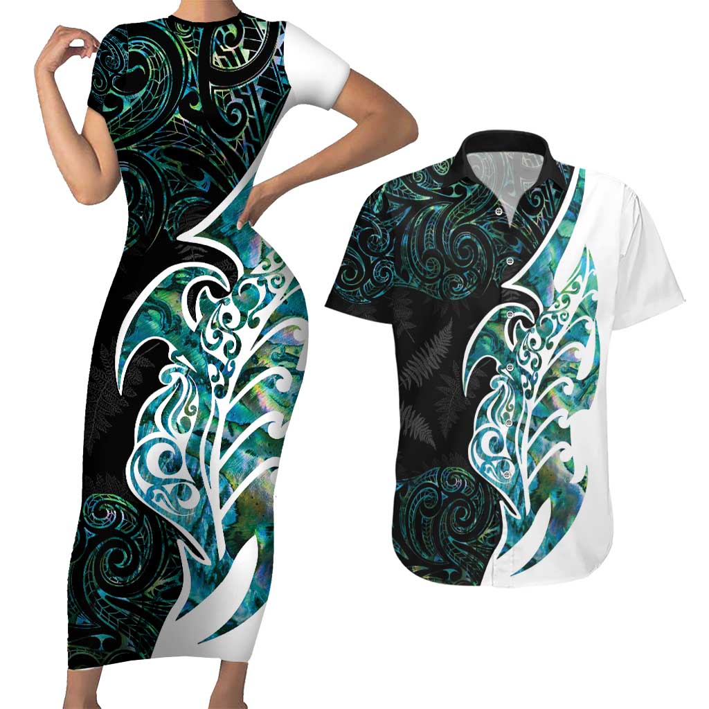 Proud Aotearoa Couples Matching Short Sleeve Bodycon Dress and Hawaiian Shirt Maori Silver Fern Mix Paua Shell Pattern