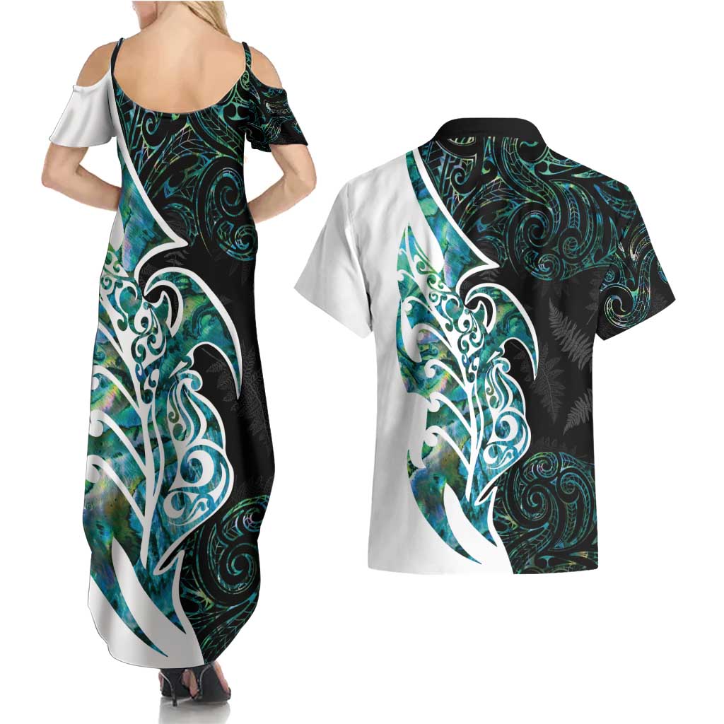 Proud Aotearoa Couples Matching Summer Maxi Dress and Hawaiian Shirt Maori Silver Fern Mix Paua Shell Pattern