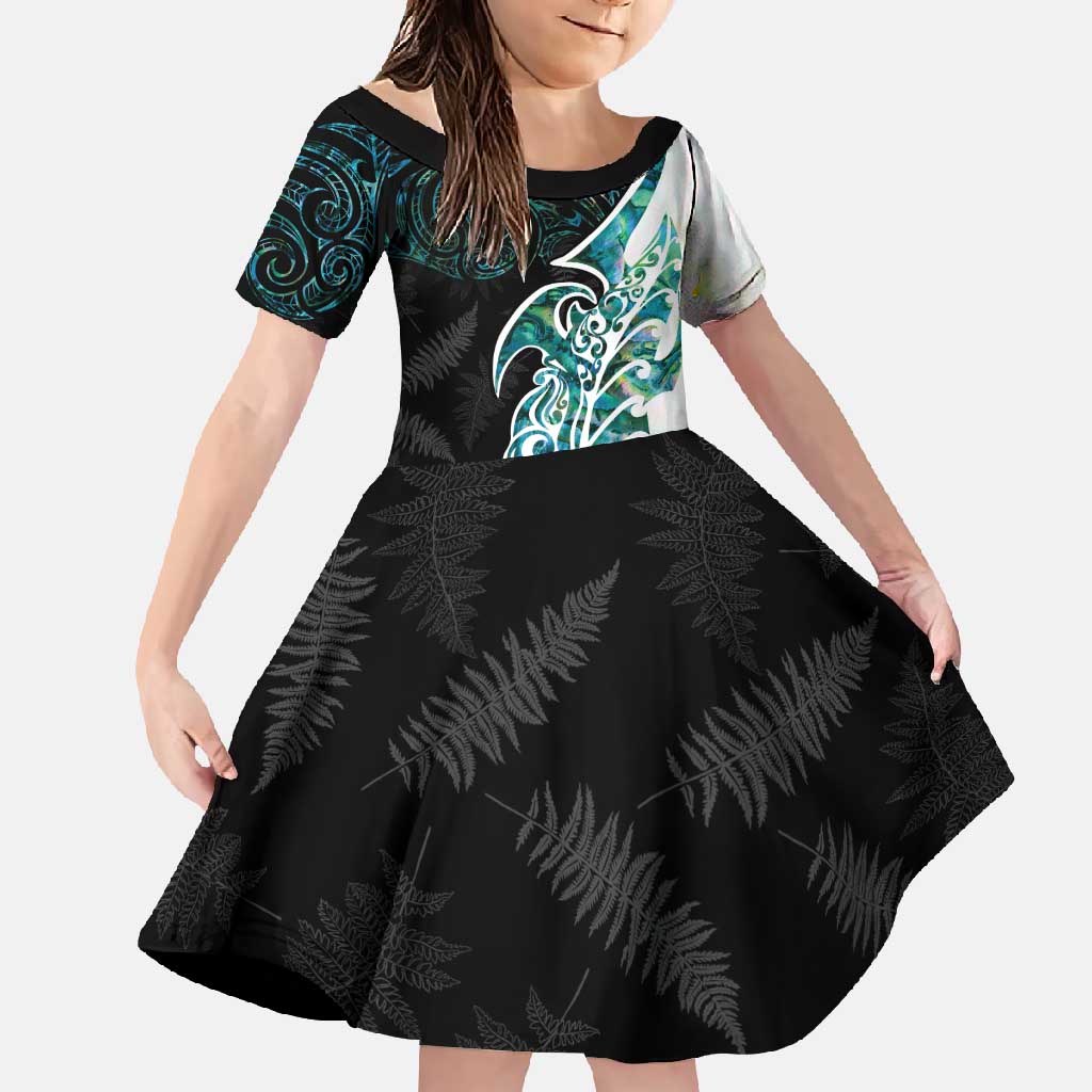 Proud Aotearoa Family Matching Mermaid Dress and Hawaiian Shirt Maori Silver Fern Mix Paua Shell Pattern LT14 Daughter's Dress Black - Polynesian Pride