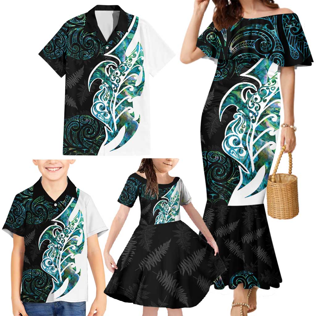 Proud Aotearoa Family Matching Mermaid Dress and Hawaiian Shirt Maori Silver Fern Mix Paua Shell Pattern LT14 - Polynesian Pride