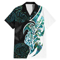 Proud Aotearoa Family Matching Mermaid Dress and Hawaiian Shirt Maori Silver Fern Mix Paua Shell Pattern LT14 Dad's Shirt - Short Sleeve Black - Polynesian Pride