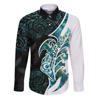 Proud Aotearoa Family Matching Mermaid Dress and Hawaiian Shirt Maori Silver Fern Mix Paua Shell Pattern LT14 Dad's Shirt - Long Sleeve Black - Polynesian Pride