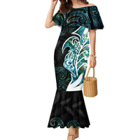 Proud Aotearoa Family Matching Mermaid Dress and Hawaiian Shirt Maori Silver Fern Mix Paua Shell Pattern LT14 Mom's Dress Black - Polynesian Pride
