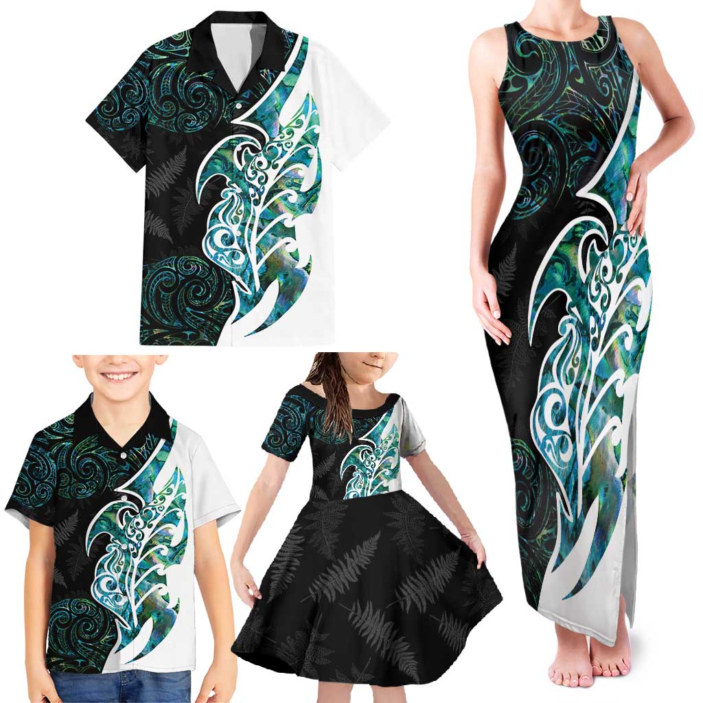 Proud Aotearoa Family Matching Tank Maxi Dress and Hawaiian Shirt Maori Silver Fern Mix Paua Shell Pattern LT14 - Polynesian Pride