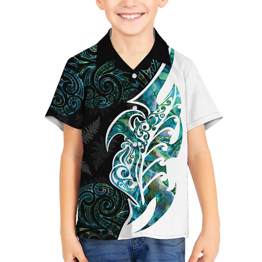 Proud Aotearoa Family Matching Tank Maxi Dress and Hawaiian Shirt Maori Silver Fern Mix Paua Shell Pattern LT14 Son's Shirt Black - Polynesian Pride