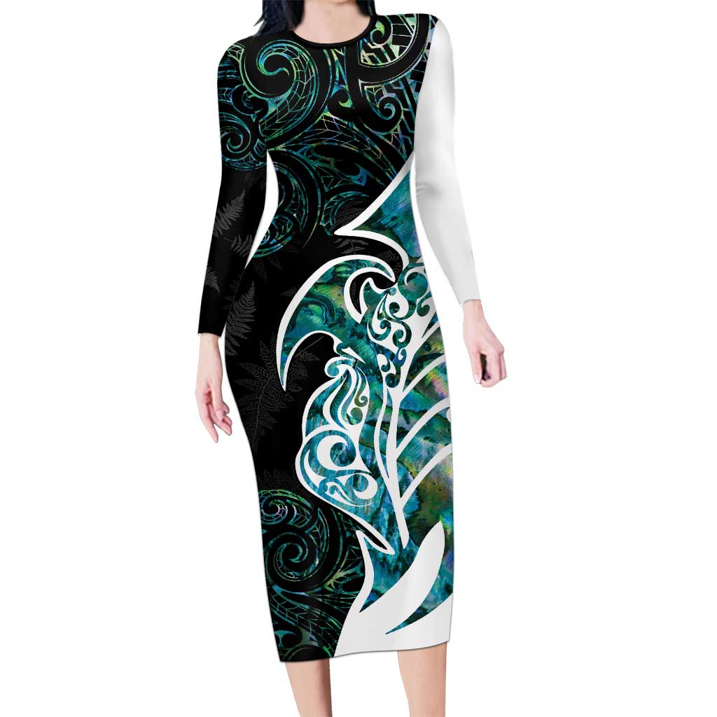 Proud Aotearoa Long Sleeve Bodycon Dress Maori Silver Fern Mix Paua Shell Pattern