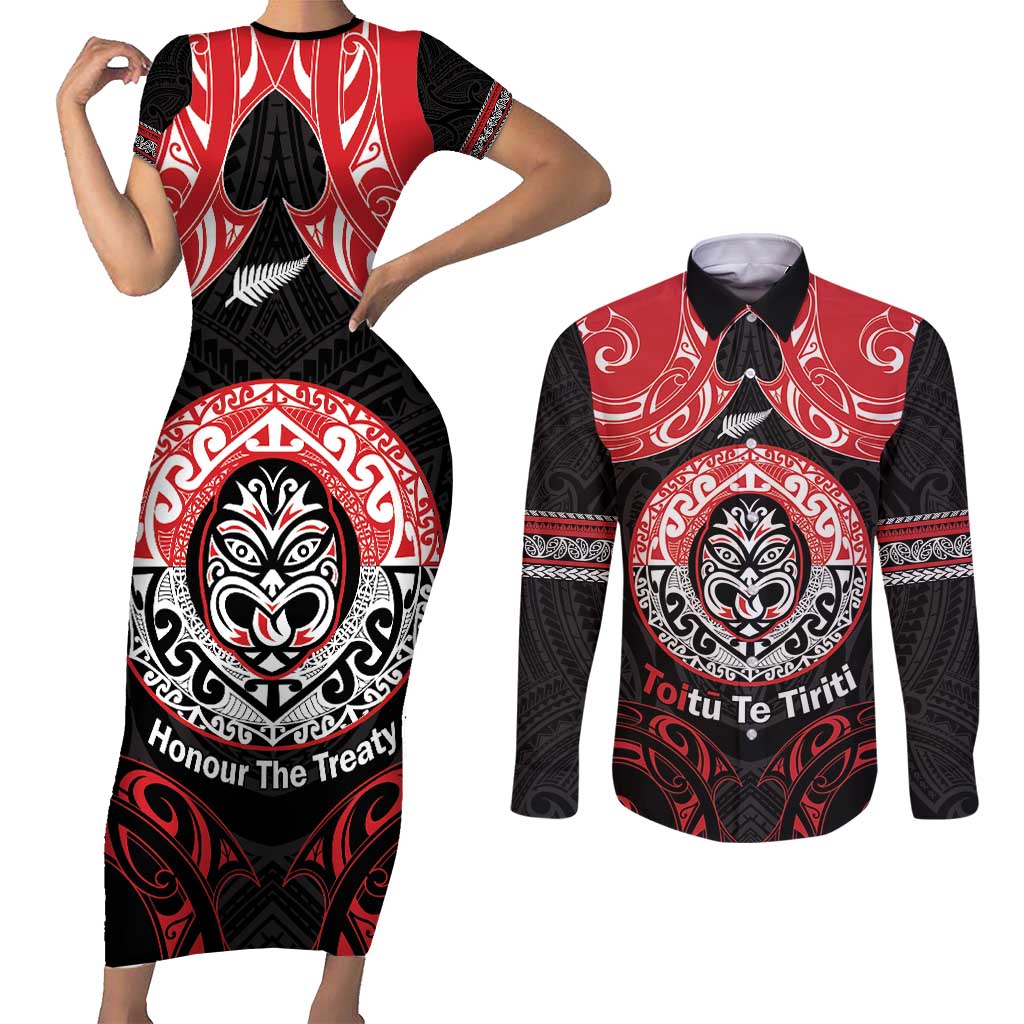 Aotearoa Toitu Te Tiriti Couples Matching Short Sleeve Bodycon Dress and Long Sleeve Button Shirt Haka Tiki Honour The Treaty