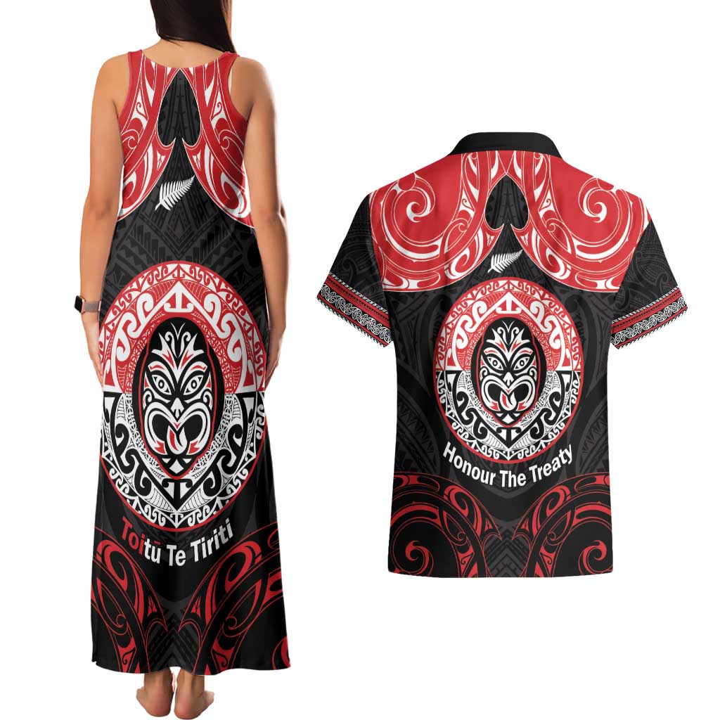 Aotearoa Toitu Te Tiriti Couples Matching Tank Maxi Dress and Hawaiian Shirt Haka Tiki Honour The Treaty