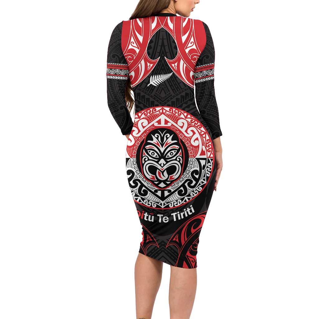 Aotearoa Toitu Te Tiriti Long Sleeve Bodycon Dress Haka Tiki Honour The Treaty LT14 - Polynesian Pride