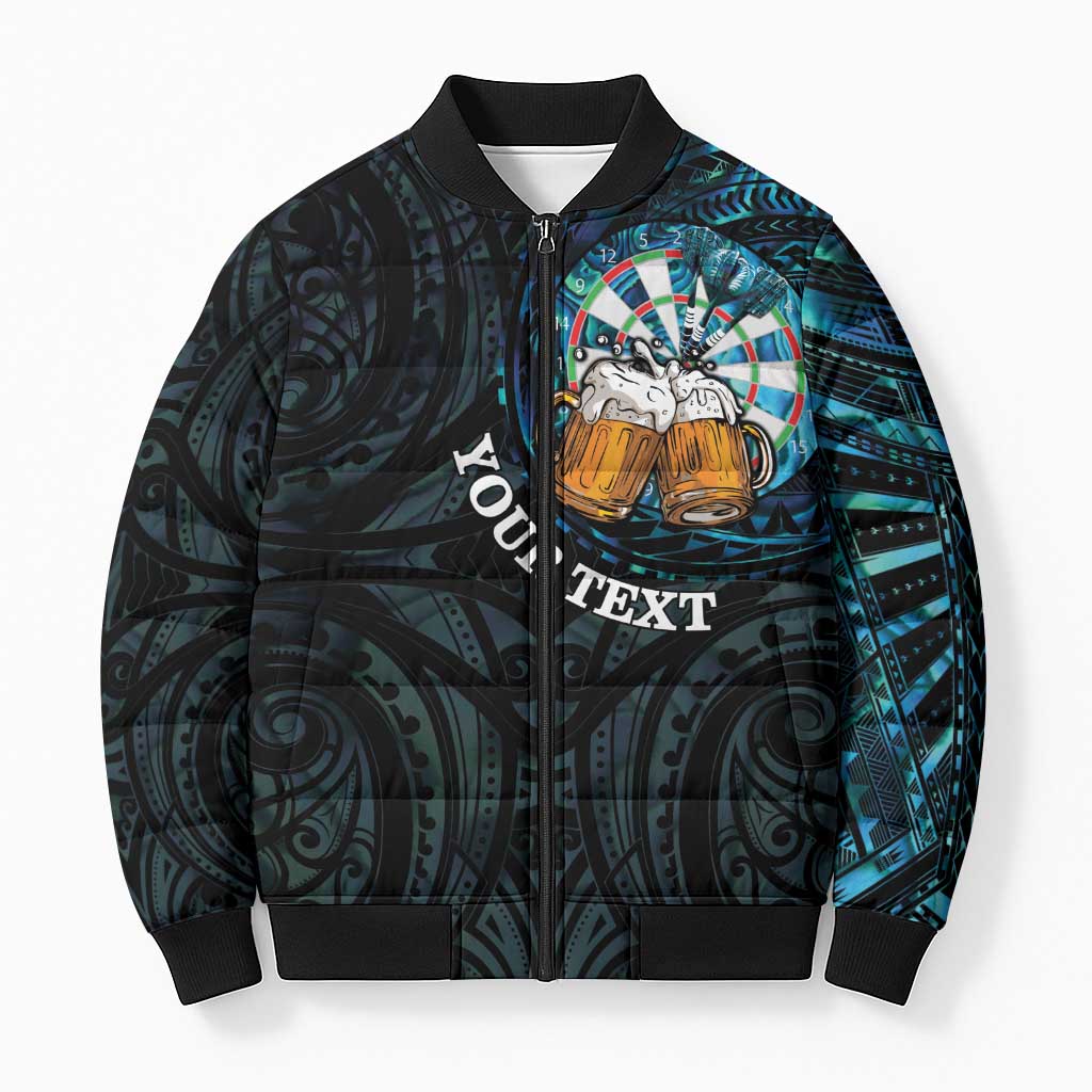 Personalized New Zealand Darts Beer Bomber Puffer Jacket Paua Shell Aotearoa Maori Tattoo - Polynesian Pride
