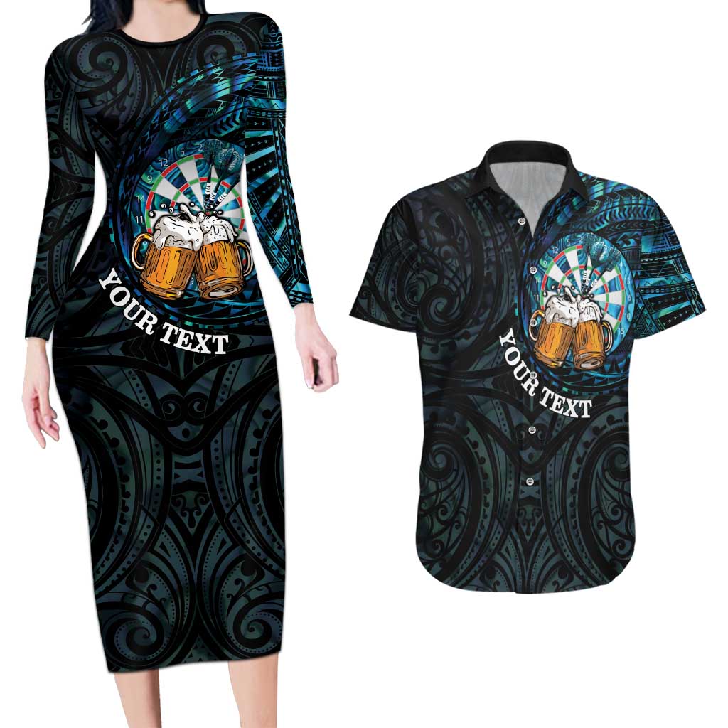 Personalized New Zealand Darts Beer Couples Matching Long Sleeve Bodycon Dress and Hawaiian Shirt Paua Shell Aotearoa Maori Tattoo LT14 Black - Polynesian Pride