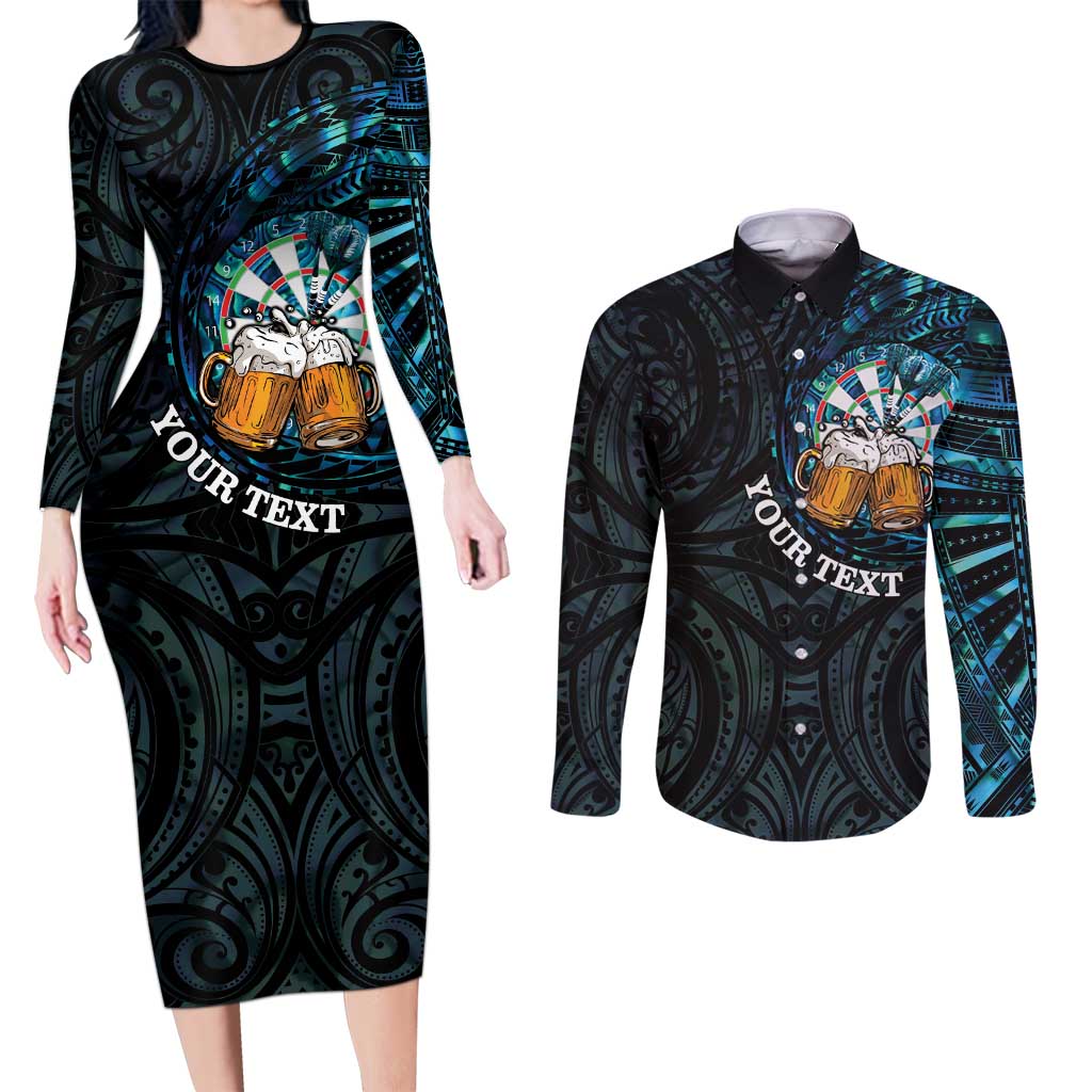 Personalized New Zealand Darts Beer Couples Matching Long Sleeve Bodycon Dress and Long Sleeve Button Shirt Paua Shell Aotearoa Maori Tattoo LT14 Black - Polynesian Pride