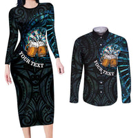 Personalized New Zealand Darts Beer Couples Matching Long Sleeve Bodycon Dress and Long Sleeve Button Shirt Paua Shell Aotearoa Maori Tattoo LT14 Black - Polynesian Pride