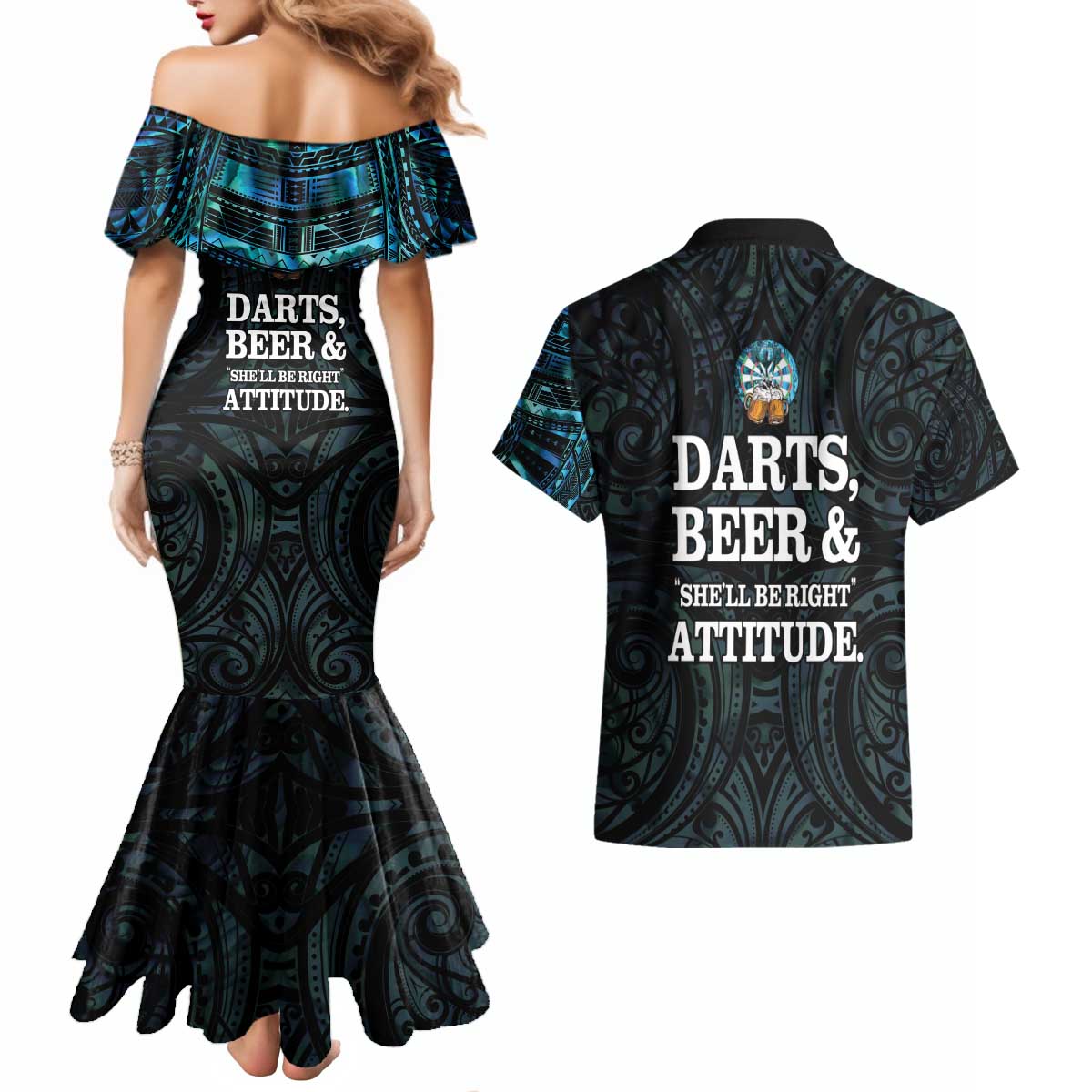 Personalized New Zealand Darts Beer Couples Matching Mermaid Dress and Hawaiian Shirt Paua Shell Aotearoa Maori Tattoo LT14 - Polynesian Pride