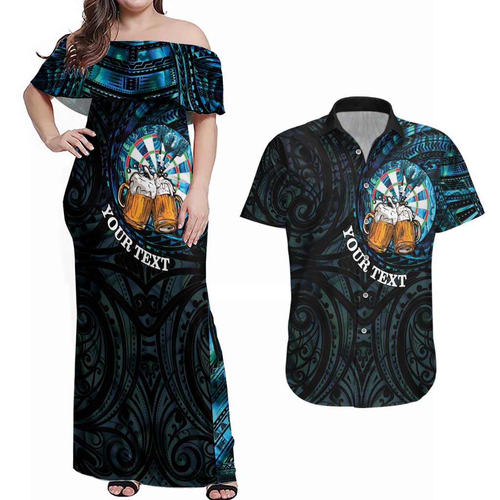Personalized New Zealand Darts Beer Couples Matching Off Shoulder Maxi Dress and Hawaiian Shirt Paua Shell Aotearoa Maori Tattoo LT14 Black - Polynesian Pride