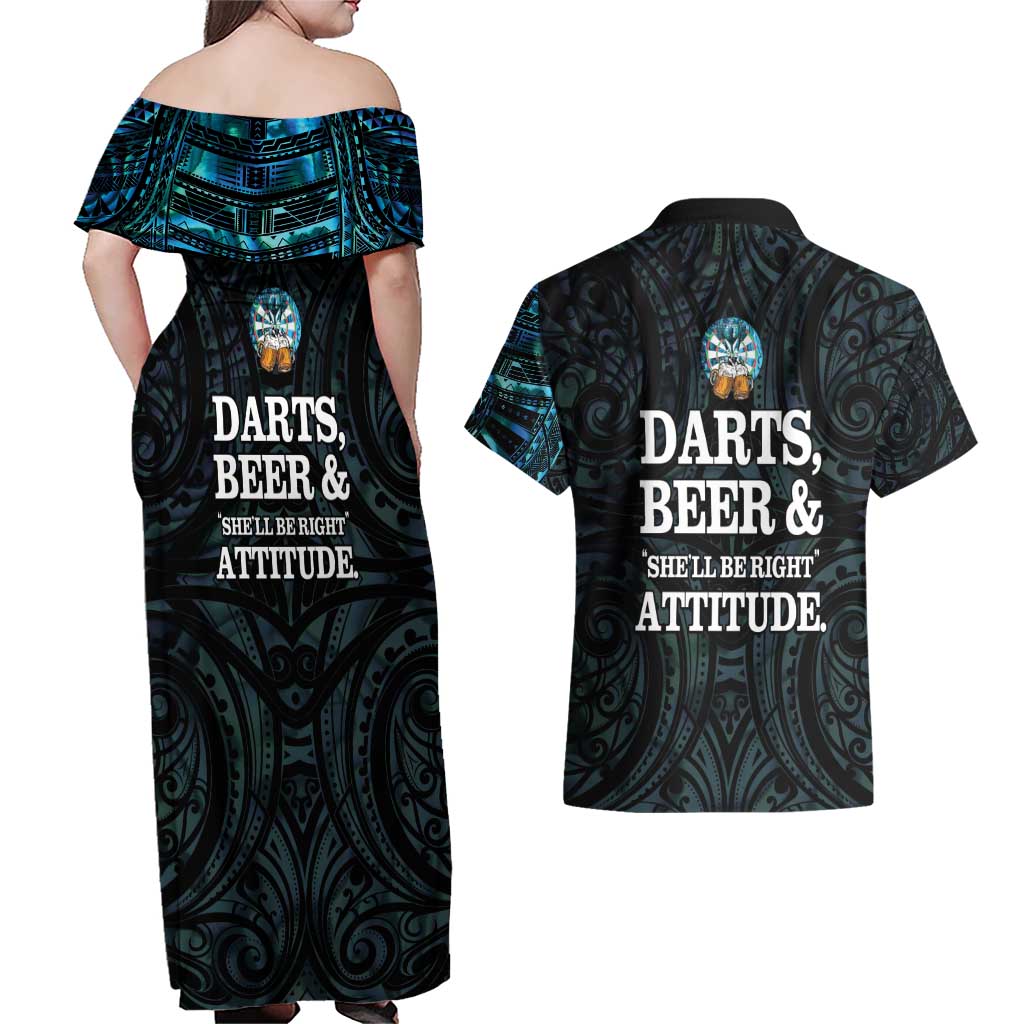 Personalized New Zealand Darts Beer Couples Matching Off Shoulder Maxi Dress and Hawaiian Shirt Paua Shell Aotearoa Maori Tattoo LT14 - Polynesian Pride