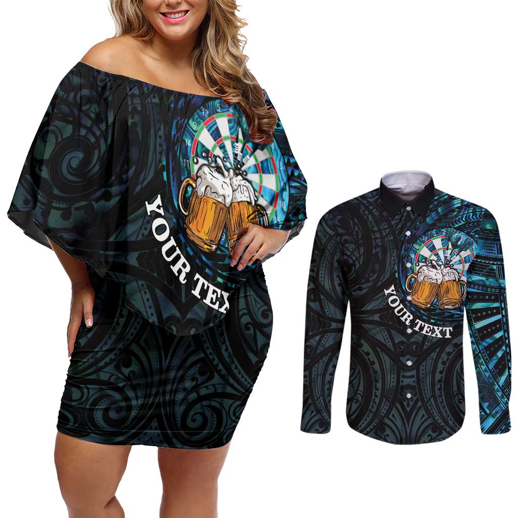 Personalized New Zealand Darts Beer Couples Matching Off Shoulder Short Dress and Long Sleeve Button Shirt Paua Shell Aotearoa Maori Tattoo LT14 Black - Polynesian Pride