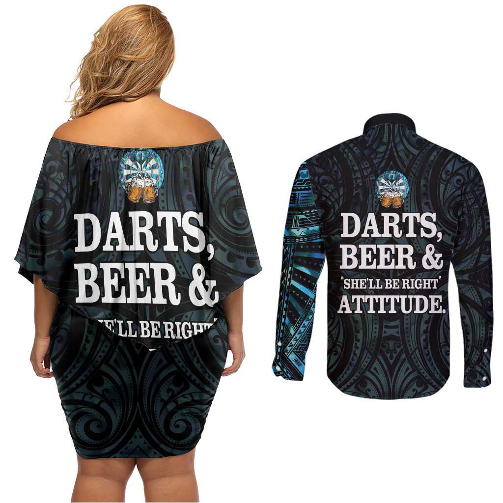 Personalized New Zealand Darts Beer Couples Matching Off Shoulder Short Dress and Long Sleeve Button Shirt Paua Shell Aotearoa Maori Tattoo LT14 - Polynesian Pride
