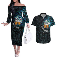 Personalized New Zealand Darts Beer Couples Matching Off The Shoulder Long Sleeve Dress and Hawaiian Shirt Paua Shell Aotearoa Maori Tattoo LT14 Black - Polynesian Pride