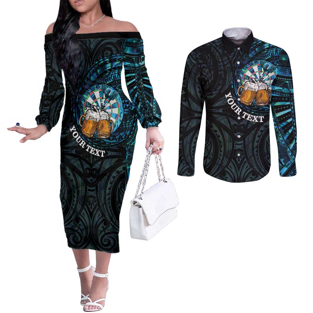 Personalized New Zealand Darts Beer Couples Matching Off The Shoulder Long Sleeve Dress and Long Sleeve Button Shirt Paua Shell Aotearoa Maori Tattoo LT14 Black - Polynesian Pride