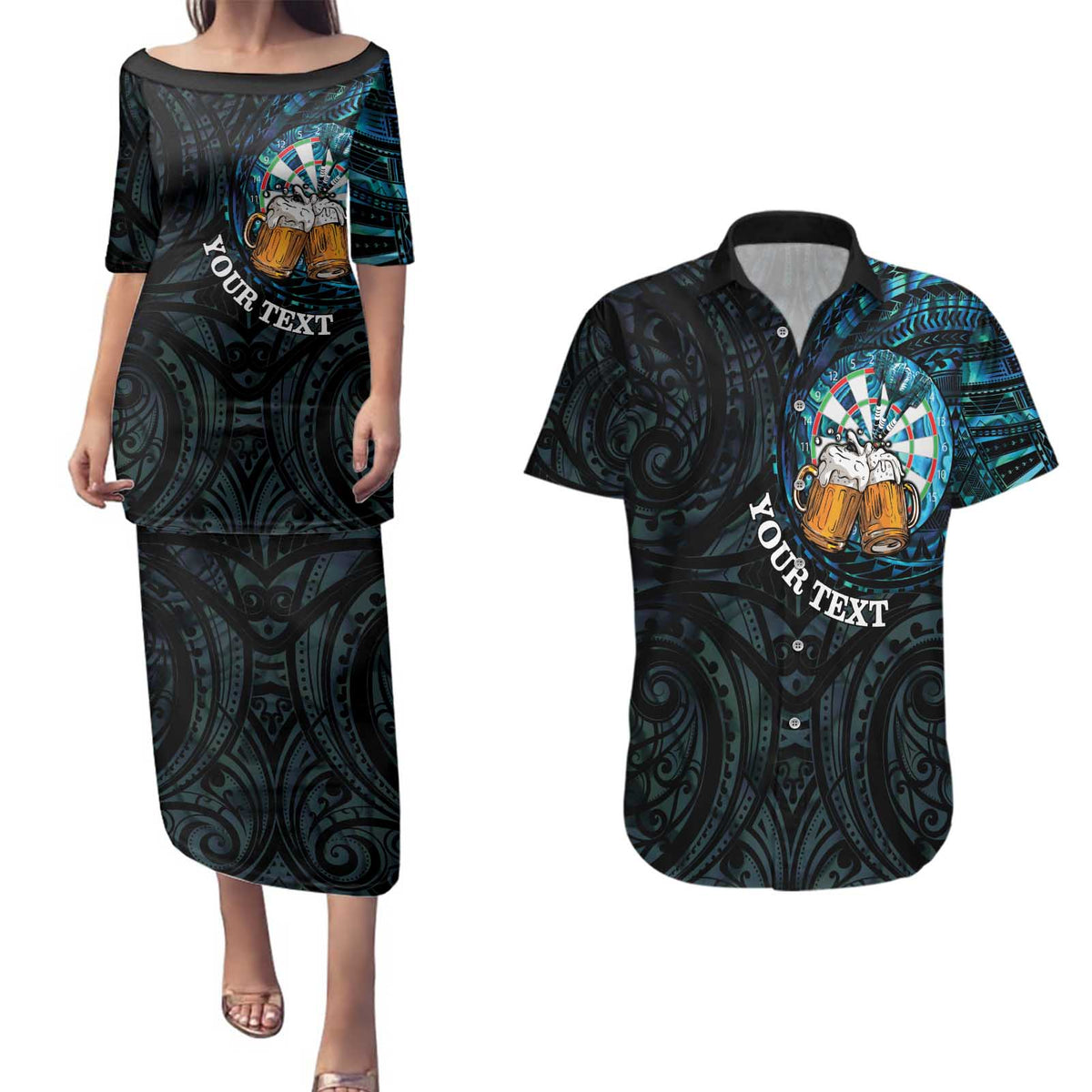 Personalized New Zealand Darts Beer Couples Matching Puletasi and Hawaiian Shirt Paua Shell Aotearoa Maori Tattoo - Polynesian Pride