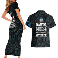 Personalized New Zealand Darts Beer Couples Matching Short Sleeve Bodycon Dress and Hawaiian Shirt Paua Shell Aotearoa Maori Tattoo LT14 - Polynesian Pride