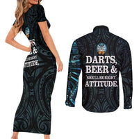 Personalized New Zealand Darts Beer Couples Matching Short Sleeve Bodycon Dress and Long Sleeve Button Shirt Paua Shell Aotearoa Maori Tattoo LT14 - Polynesian Pride