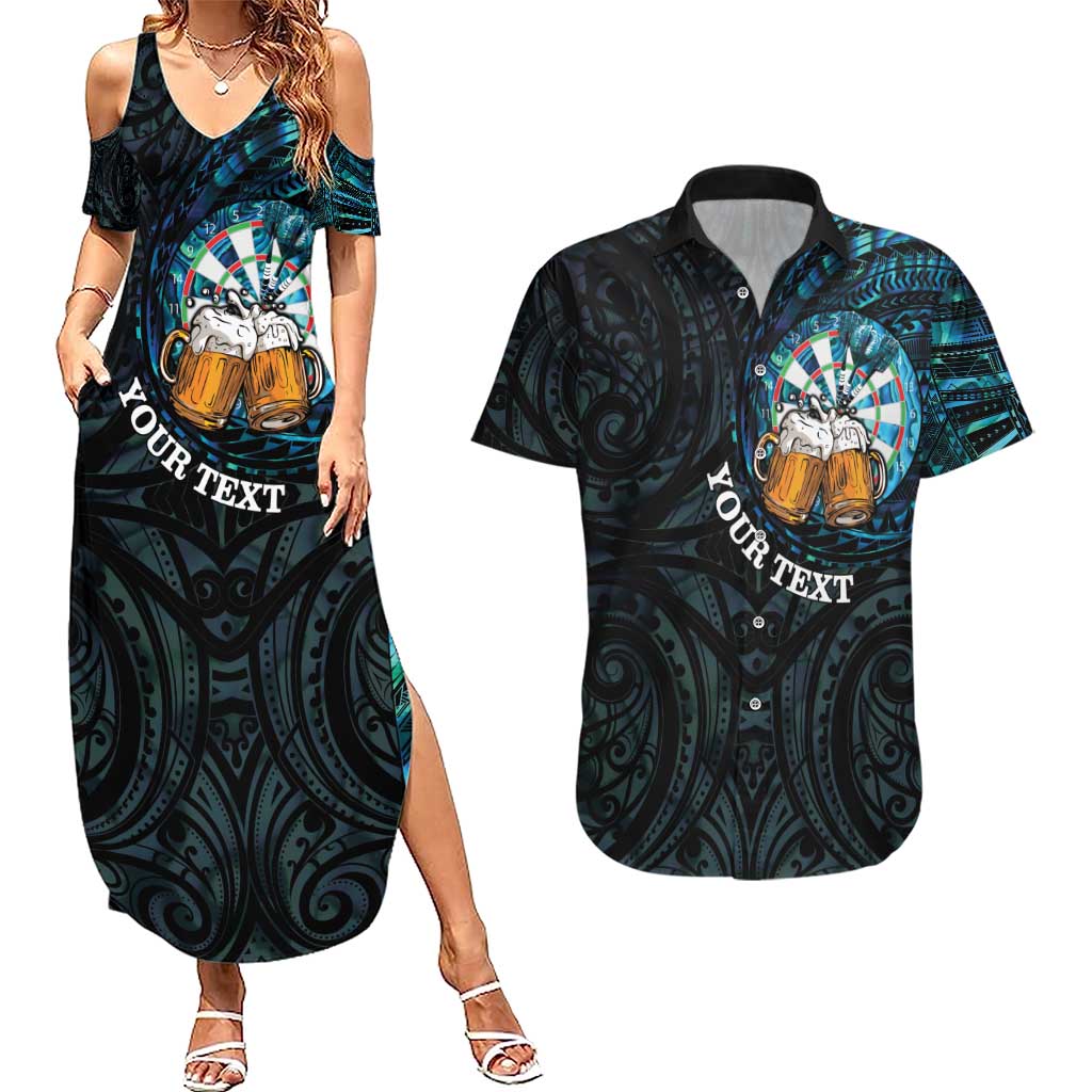 Personalized New Zealand Darts Beer Couples Matching Summer Maxi Dress and Hawaiian Shirt Paua Shell Aotearoa Maori Tattoo LT14 Black - Polynesian Pride