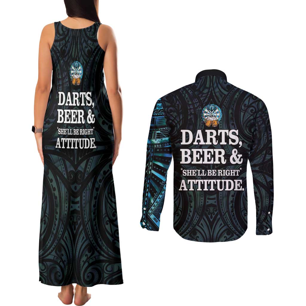 Personalized New Zealand Darts Beer Couples Matching Tank Maxi Dress and Long Sleeve Button Shirt Paua Shell Aotearoa Maori Tattoo LT14 - Polynesian Pride