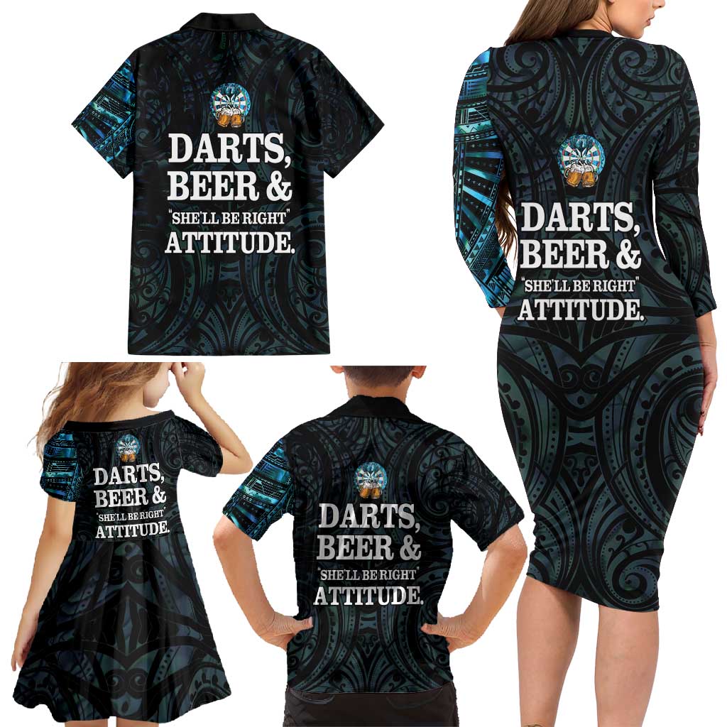 Personalized New Zealand Darts Beer Family Matching Long Sleeve Bodycon Dress and Hawaiian Shirt Paua Shell Aotearoa Maori Tattoo LT14 - Polynesian Pride