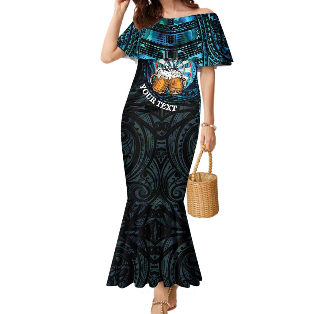 Personalized New Zealand Darts Beer Family Matching Mermaid Dress and Hawaiian Shirt Paua Shell Aotearoa Maori Tattoo LT14 Mom's Dress Black - Polynesian Pride