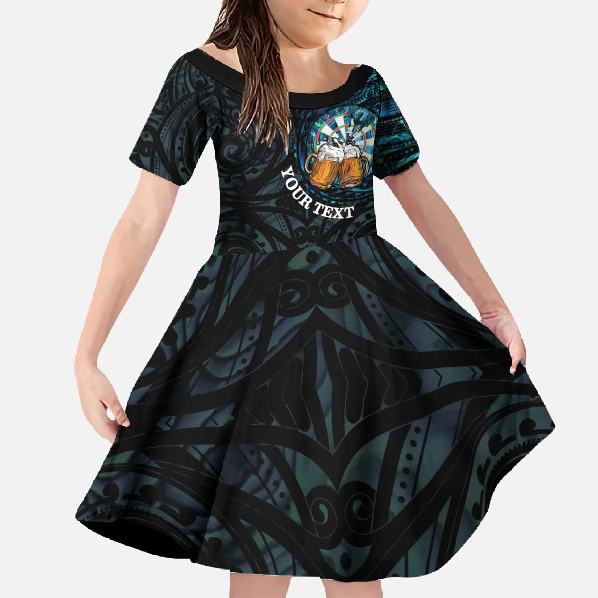 Personalized New Zealand Darts Beer Family Matching Off The Shoulder Long Sleeve Dress and Hawaiian Shirt Paua Shell Aotearoa Maori Tattoo LT14 Daughter's Dress Black - Polynesian Pride