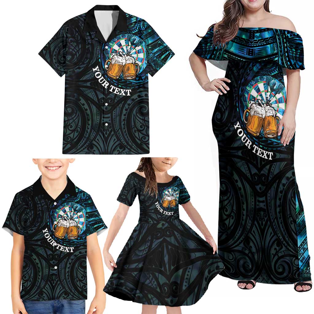 Personalized New Zealand Darts Beer Family Matching Off Shoulder Maxi Dress and Hawaiian Shirt Paua Shell Aotearoa Maori Tattoo LT14 - Polynesian Pride