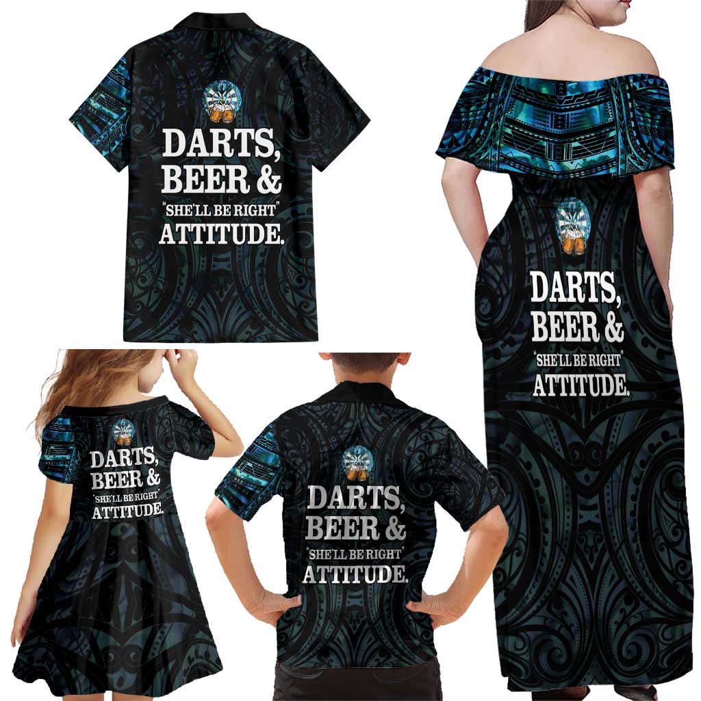 Personalized New Zealand Darts Beer Family Matching Off Shoulder Maxi Dress and Hawaiian Shirt Paua Shell Aotearoa Maori Tattoo LT14 - Polynesian Pride