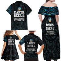 Personalized New Zealand Darts Beer Family Matching Off Shoulder Maxi Dress and Hawaiian Shirt Paua Shell Aotearoa Maori Tattoo LT14 - Polynesian Pride