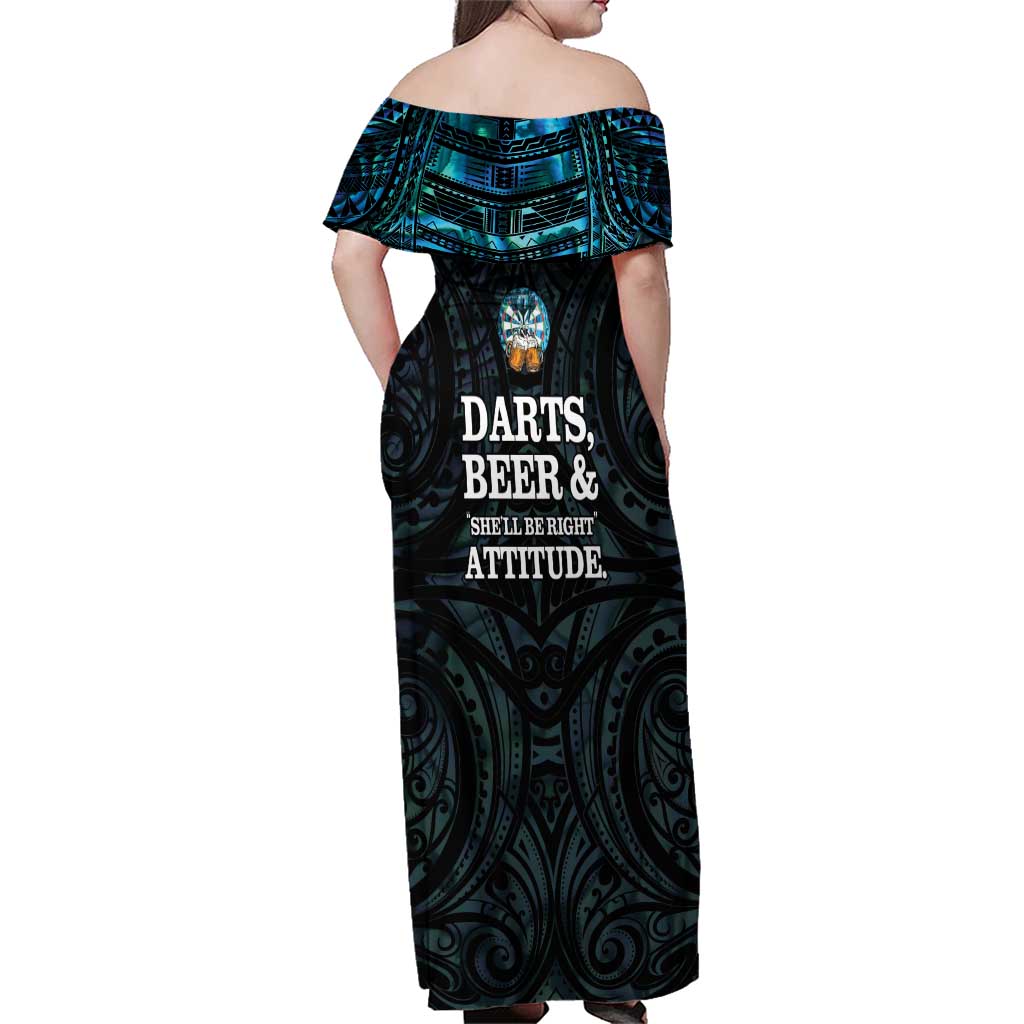 Personalized New Zealand Darts Beer Family Matching Off Shoulder Maxi Dress and Hawaiian Shirt Paua Shell Aotearoa Maori Tattoo LT14 - Polynesian Pride