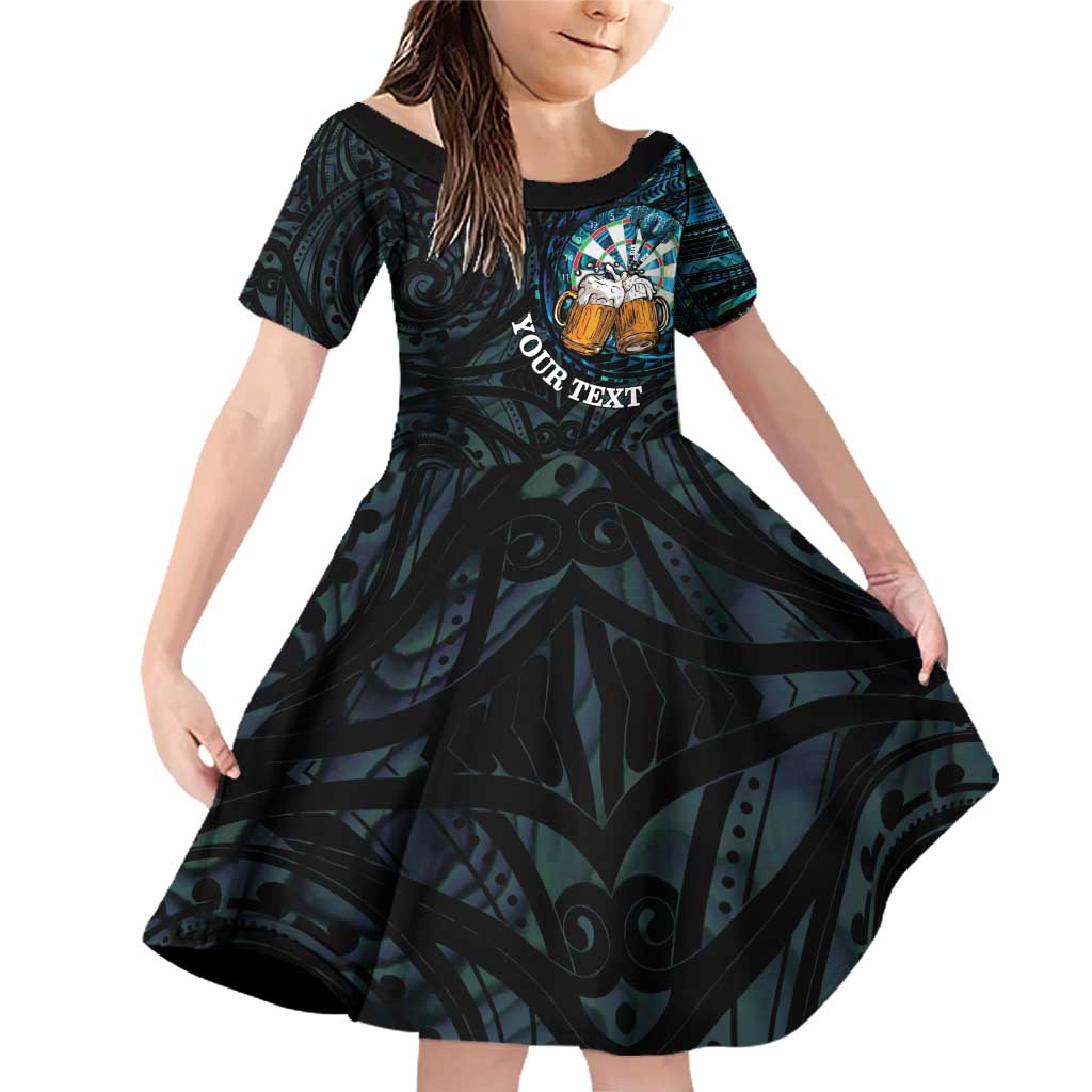 Personalized New Zealand Darts Beer Family Matching Off Shoulder Short Dress and Hawaiian Shirt Paua Shell Aotearoa Maori Tattoo LT14 Daughter's Dress Black - Polynesian Pride