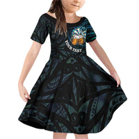 Personalized New Zealand Darts Beer Family Matching Off Shoulder Short Dress and Hawaiian Shirt Paua Shell Aotearoa Maori Tattoo LT14 Daughter's Dress Black - Polynesian Pride