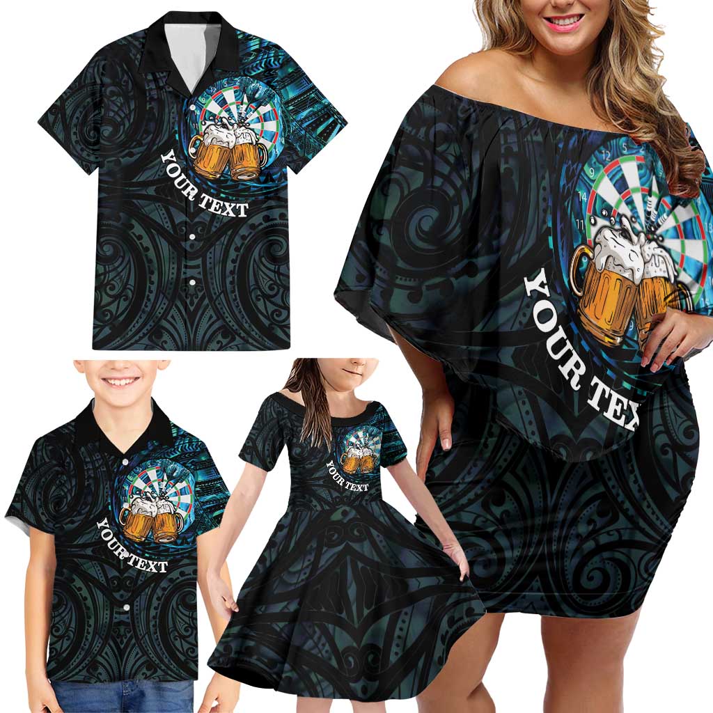 Personalized New Zealand Darts Beer Family Matching Off Shoulder Short Dress and Hawaiian Shirt Paua Shell Aotearoa Maori Tattoo LT14 - Polynesian Pride