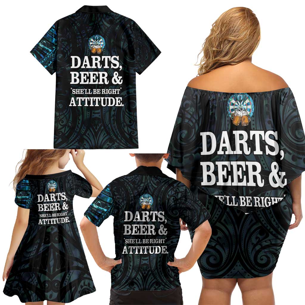 Personalized New Zealand Darts Beer Family Matching Off Shoulder Short Dress and Hawaiian Shirt Paua Shell Aotearoa Maori Tattoo LT14 - Polynesian Pride