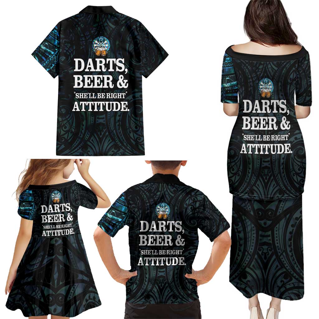 Personalized New Zealand Darts Beer Family Matching Puletasi and Hawaiian Shirt Paua Shell Aotearoa Maori Tattoo LT14 - Polynesian Pride