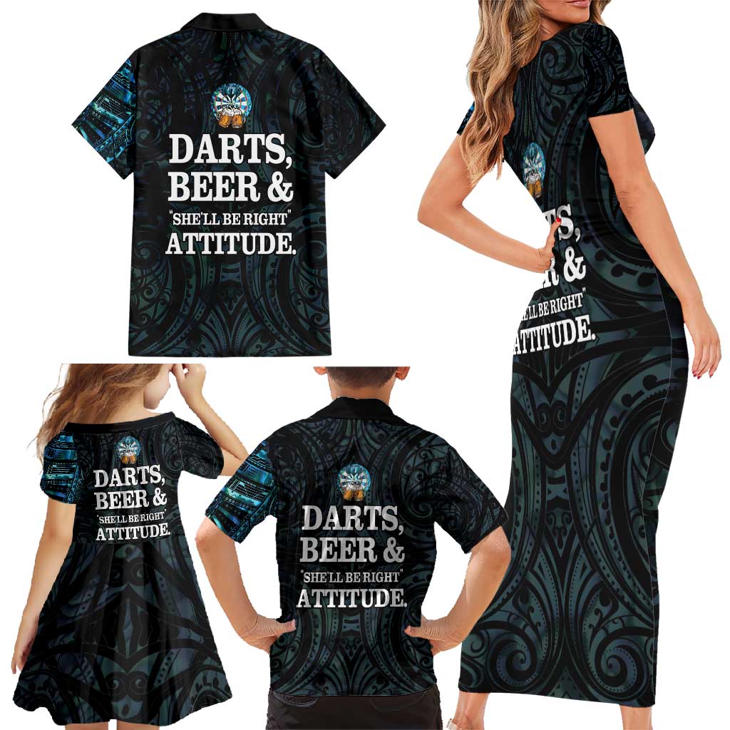Personalized New Zealand Darts Beer Family Matching Short Sleeve Bodycon Dress and Hawaiian Shirt Paua Shell Aotearoa Maori Tattoo LT14 - Polynesian Pride