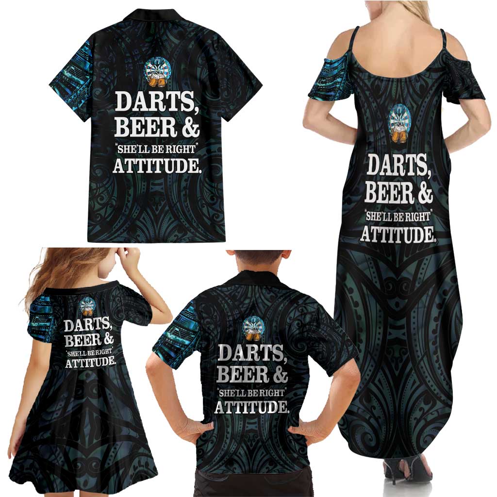Personalized New Zealand Darts Beer Family Matching Summer Maxi Dress and Hawaiian Shirt Paua Shell Aotearoa Maori Tattoo LT14 - Polynesian Pride